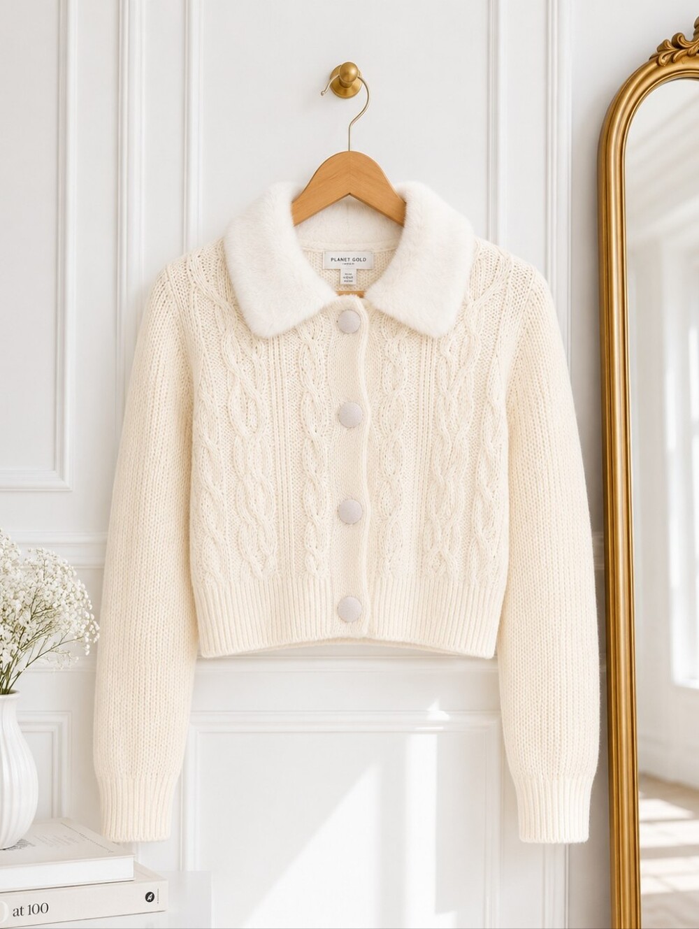 Planet Gold Ivory Cable Knit Cardigan Sweater w/ Faux Fur Collar | Size L - Picture 5 of 8